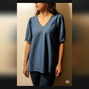 Draper James Blue Lightweight Denim Blouse XS Puff Sleeves Cuffed Hem